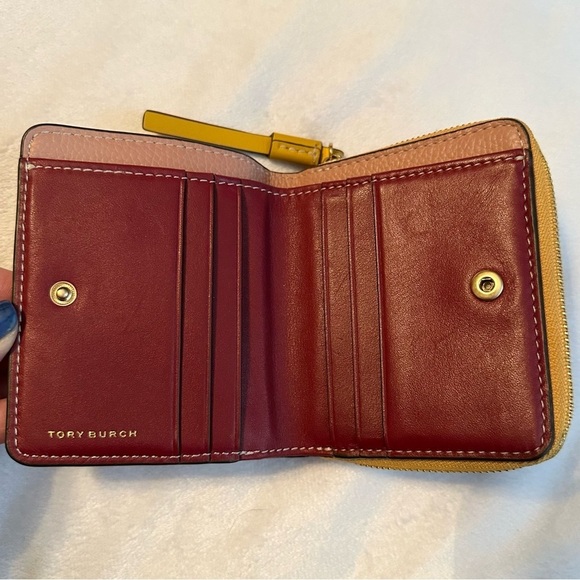 McGraw Colorblock Bi-Fold Wallet: Women Tory Burch Perry Color Block Bifold Pebbled Leather Wallet pink yellow brown red